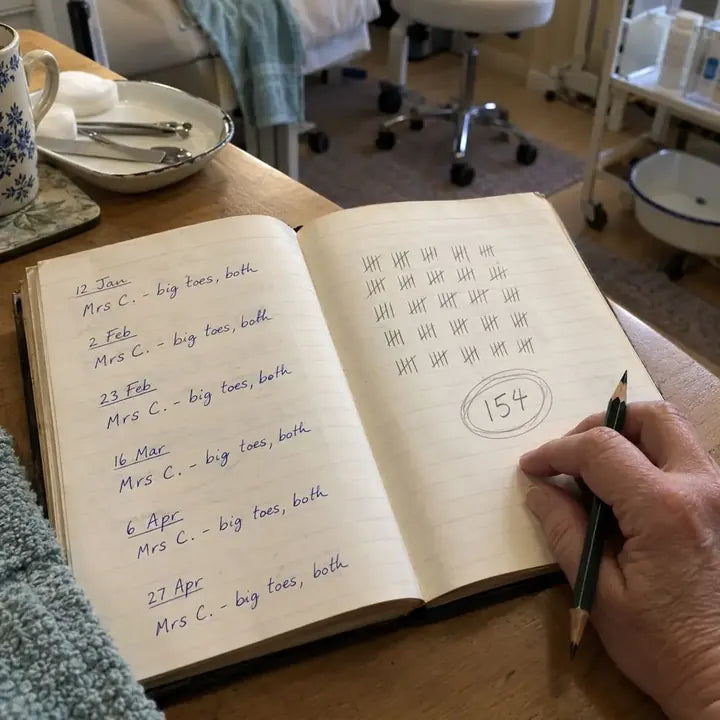An appointment book with 154 visits counted