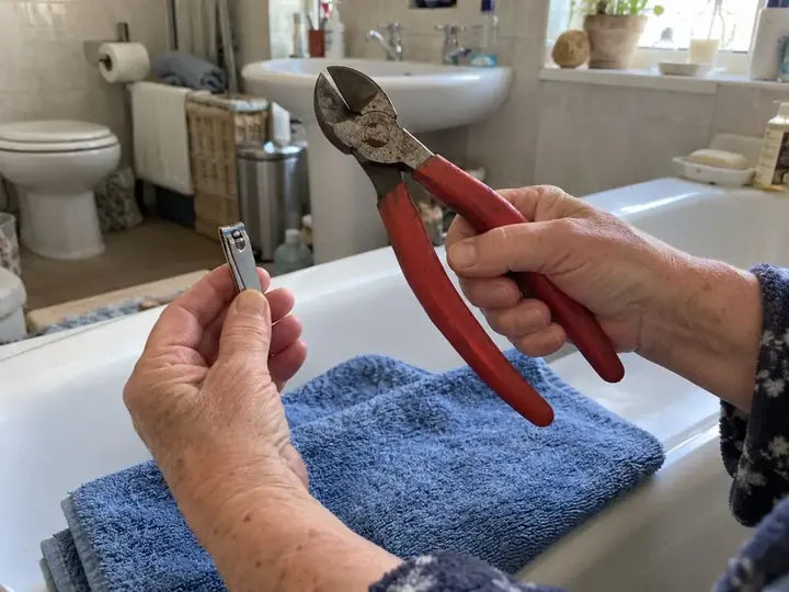 Wire cutters in one hand, small nail clippers in the other