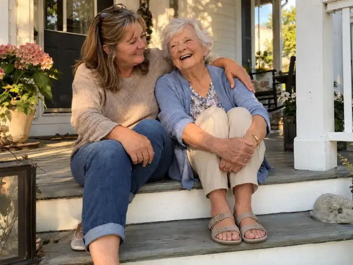 A daughter and her mother laughing on the porch