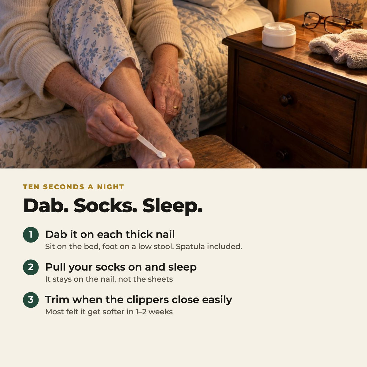 Ten seconds a night: dab it on, socks on, sleep