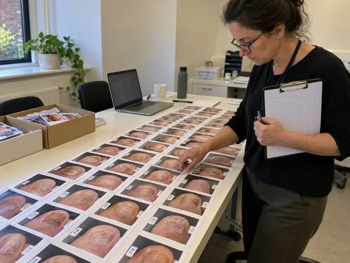 Coded nail photos laid out for blind scoring