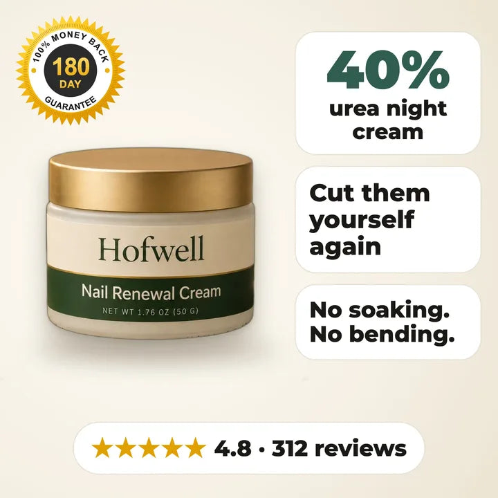 Hofwell Nail Renewal Cream: 40% urea night cream, 4.8 from 312 reviews, 180-day guarantee