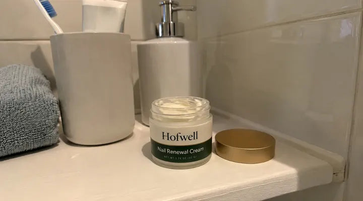 An open jar of Hofwell Nail Renewal Cream on a bathroom shelf